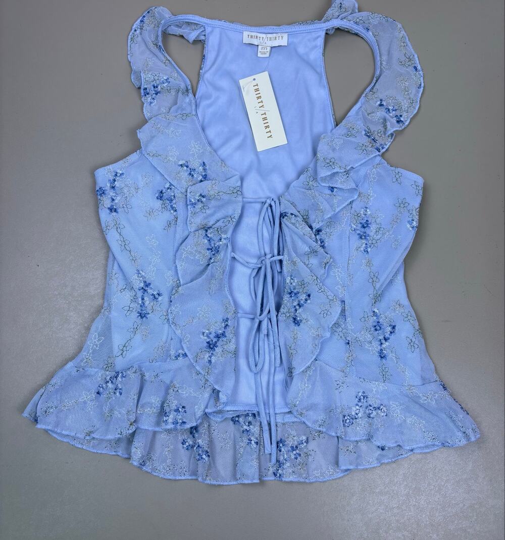 Thirty Thirty LA Women’s M Blue Floral Lace Ruffle Tie Front Top NWT